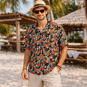 FLAX Black Short-Sleeve Button-Down Shirt Multicolor Floral Print Rayon Sz Small